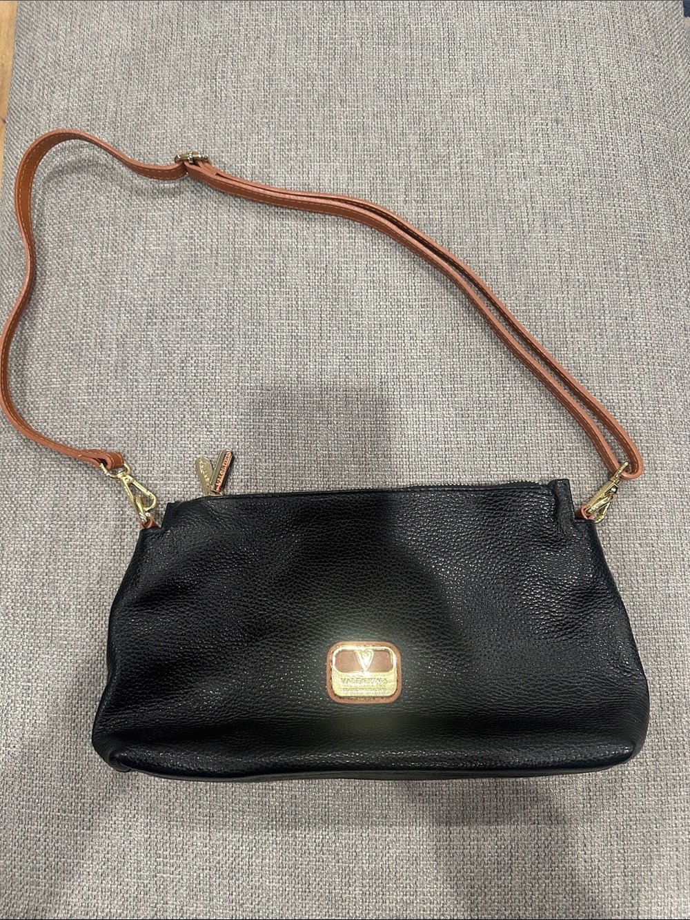 Valentina Black Leather Crossbody Bag with Brown Strap made in Italy 🇮🇹